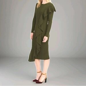 J Crew Collection Ruffle Front Sweater Dress XL Green Merino Wool Knit Midi Nwt